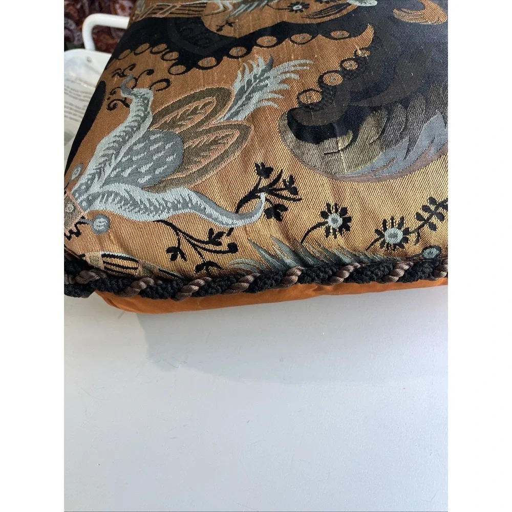 Silk Embroidered Floral  Tapestry Pillow w/Tassels Braided Rope 20x15 Lux